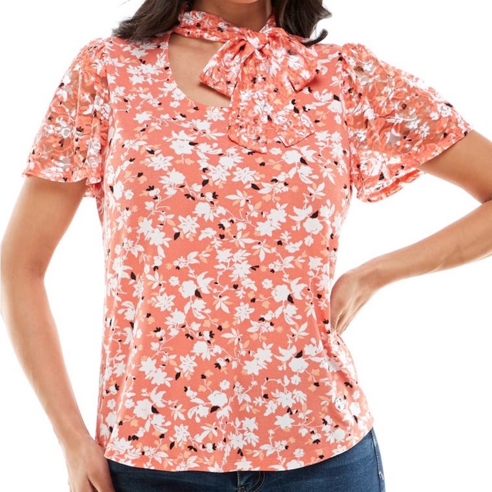Adrienne Vittadini lace tie neck crepe top size small; brand new with tags (NWT)